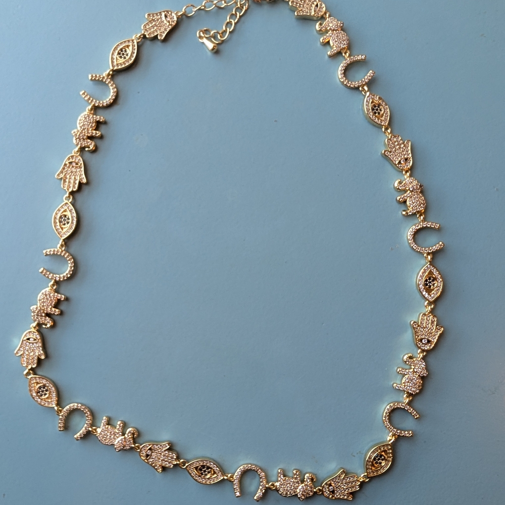 Lucky Gold Necklace Choker with Hamsa and Evil Eye Charms